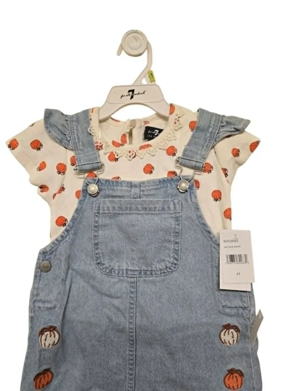 7 For All Mankind Girl's Fall Embroidered Pumpkin Denim Overall Dress + Shirt 4T